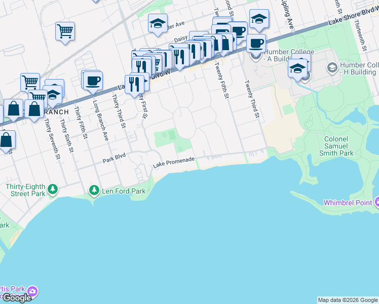 map of restaurants, bars, coffee shops, grocery stores, and more near 2A Twenty Eighth Street in Toronto