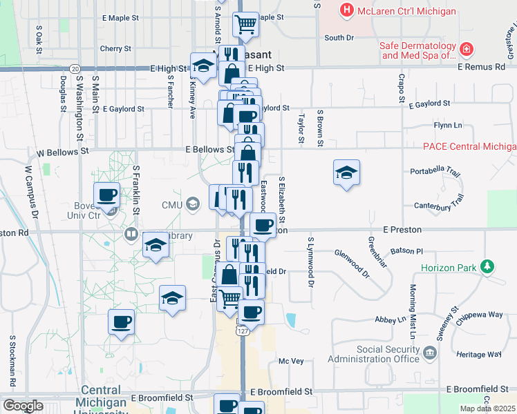 map of restaurants, bars, coffee shops, grocery stores, and more near 1206 Eastwood Drive in Mount Pleasant