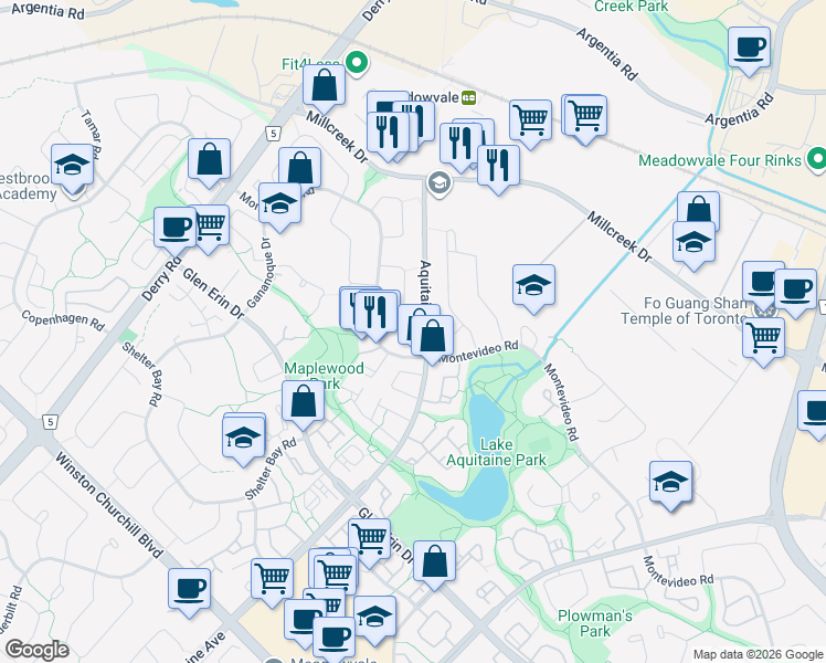 map of restaurants, bars, coffee shops, grocery stores, and more near 6755 Segovia Road in Mississauga