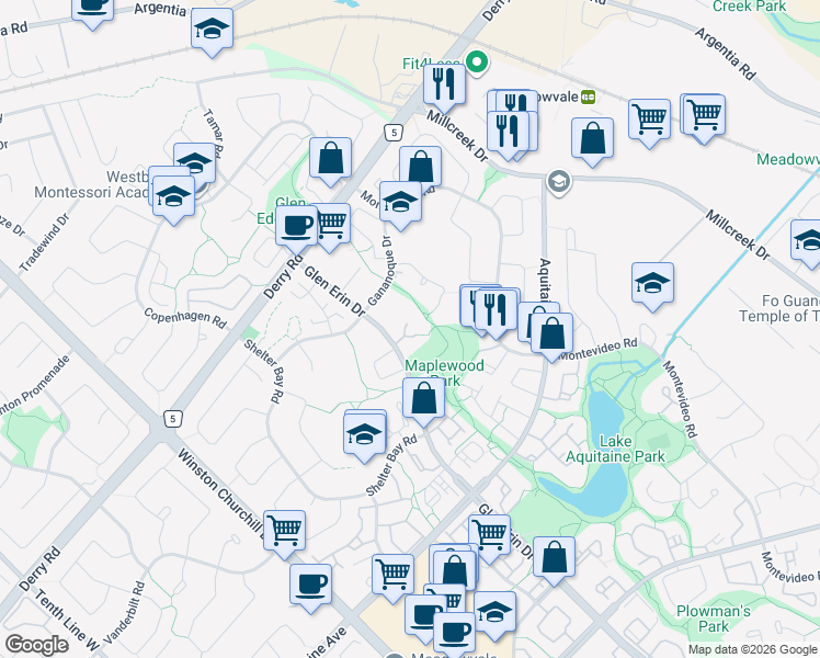 map of restaurants, bars, coffee shops, grocery stores, and more near 6855 Glen Erin Drive in Mississauga