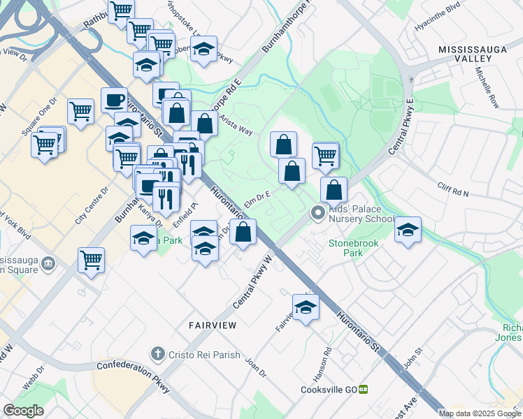 map of restaurants, bars, coffee shops, grocery stores, and more near 30 Elm Drive West in Mississauga