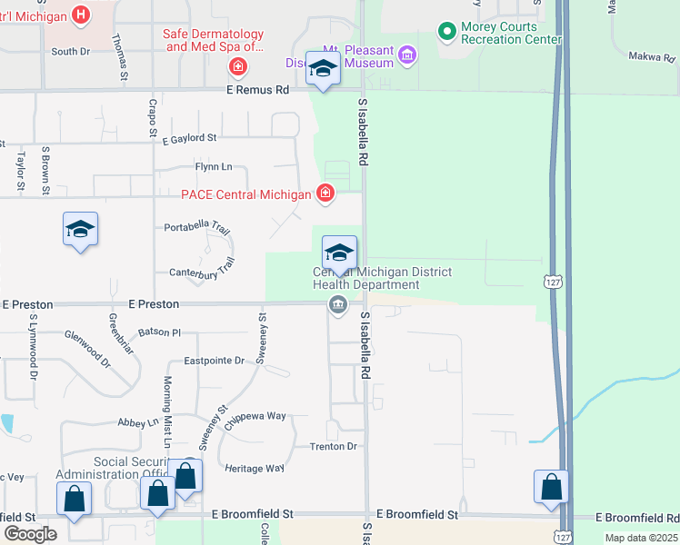 map of restaurants, bars, coffee shops, grocery stores, and more near 3460 South Isabella Road in Mount Pleasant