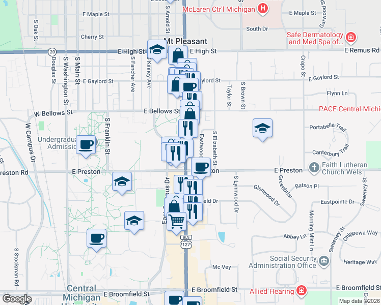 map of restaurants, bars, coffee shops, grocery stores, and more near 1140 Eastwood Drive in Mount Pleasant