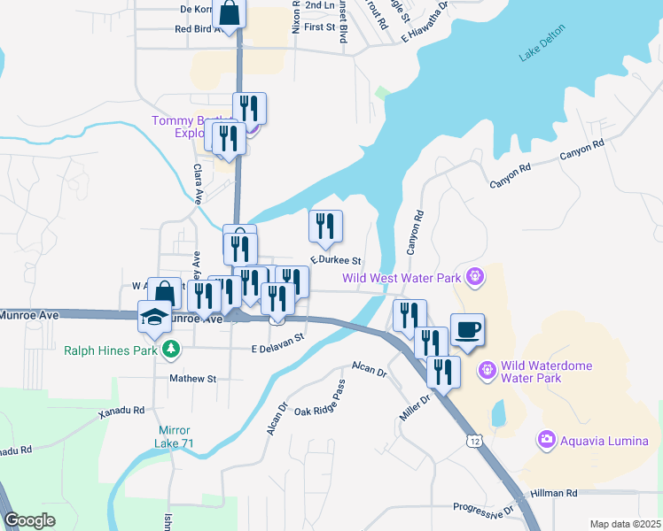 map of restaurants, bars, coffee shops, grocery stores, and more near 245 East Durkee Street in Wisconsin Dells