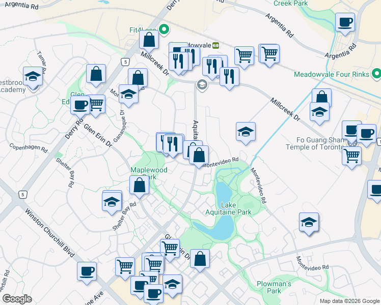 map of restaurants, bars, coffee shops, grocery stores, and more near 6773 Segovia Road in Mississauga