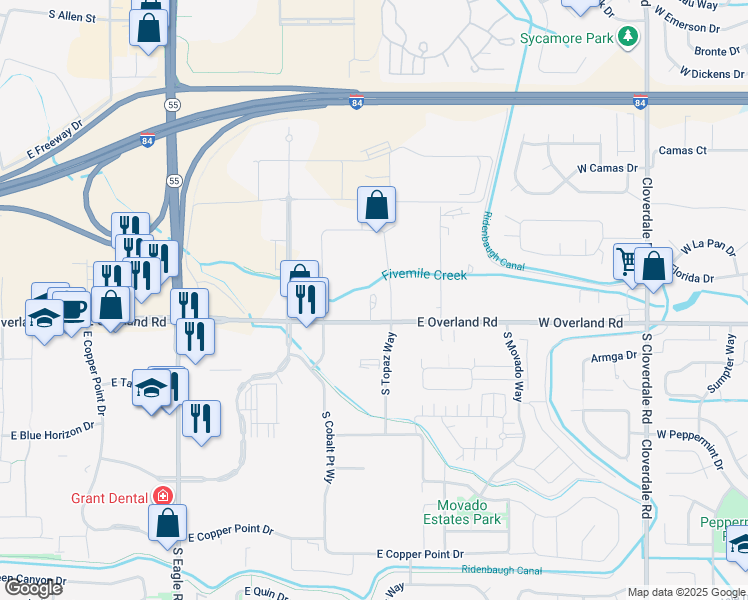 map of restaurants, bars, coffee shops, grocery stores, and more near 1545 Topaz Avenue in Meridian