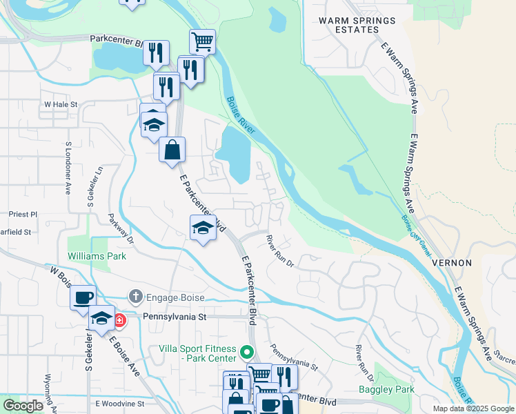 map of restaurants, bars, coffee shops, grocery stores, and more near 784 East Riverpark Lane in Boise