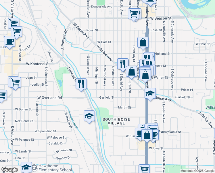 map of restaurants, bars, coffee shops, grocery stores, and more near 1713 South Manitou Avenue in Boise