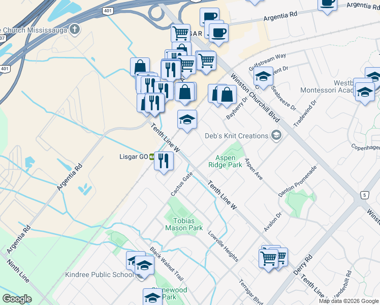 map of restaurants, bars, coffee shops, grocery stores, and more near 7634 Doverwood Drive in Mississauga