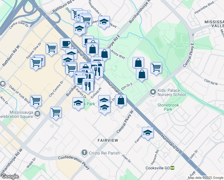 map of restaurants, bars, coffee shops, grocery stores, and more near 1 Elm Drive West in Mississauga