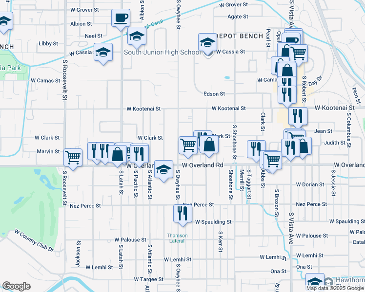 map of restaurants, bars, coffee shops, grocery stores, and more near 1402 South Owyhee Street in Boise