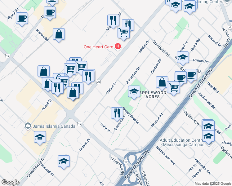 map of restaurants, bars, coffee shops, grocery stores, and more near 885 Johnathan Drive in Mississauga
