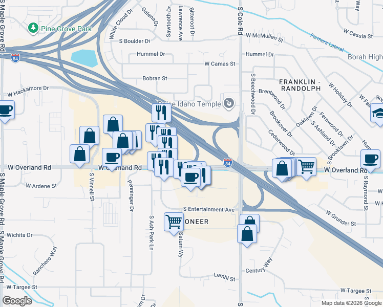 map of restaurants, bars, coffee shops, grocery stores, and more near 1444 South Entertainment Avenue in Boise