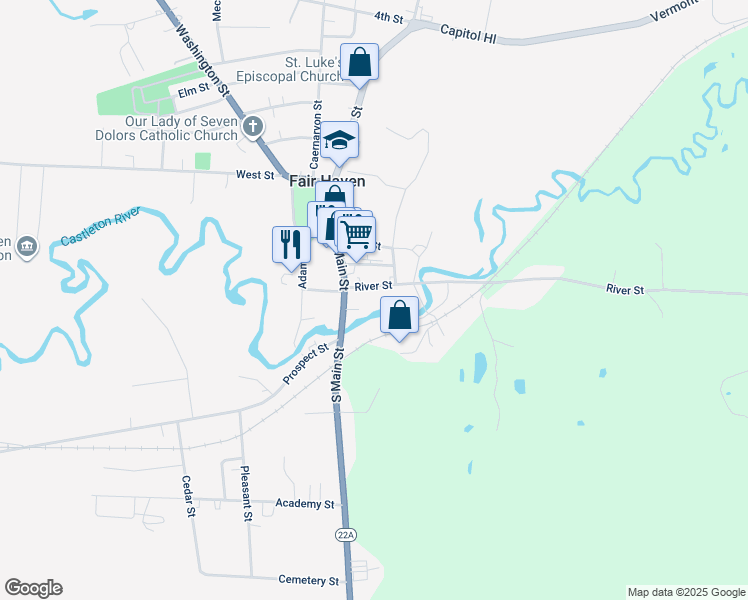 map of restaurants, bars, coffee shops, grocery stores, and more near 17 River Street in Fair Haven
