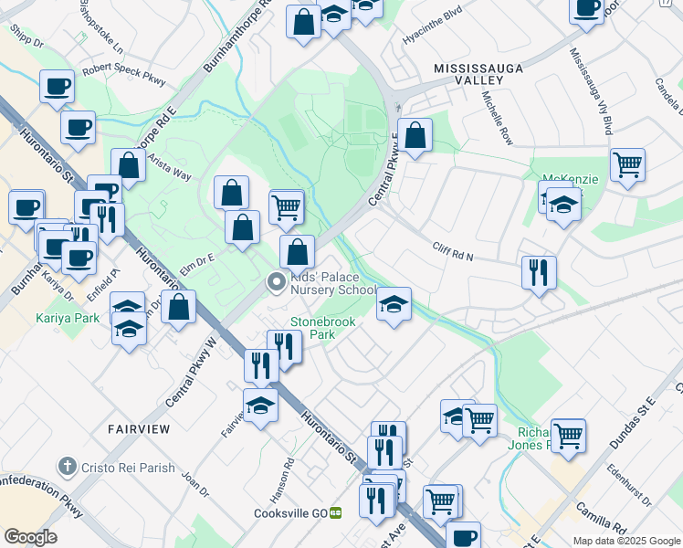 map of restaurants, bars, coffee shops, grocery stores, and more near 3370 Rhonda Valley in Mississauga