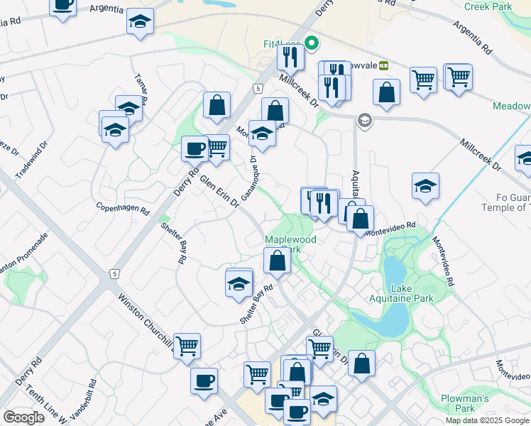 map of restaurants, bars, coffee shops, grocery stores, and more near in Mississauga