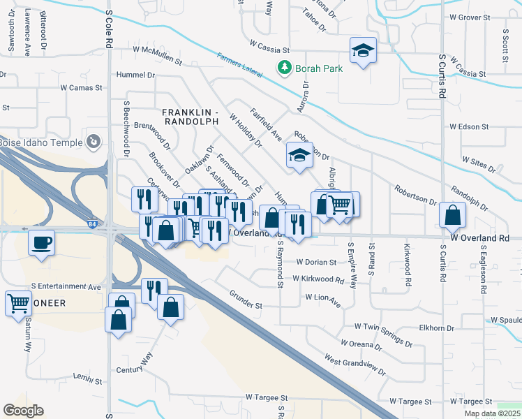 map of restaurants, bars, coffee shops, grocery stores, and more near 6706 West Ashland Drive in Boise