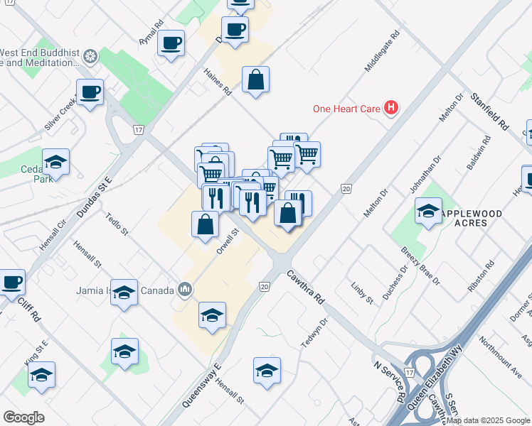 map of restaurants, bars, coffee shops, grocery stores, and more near 2395 Cawthra Road in Mississauga