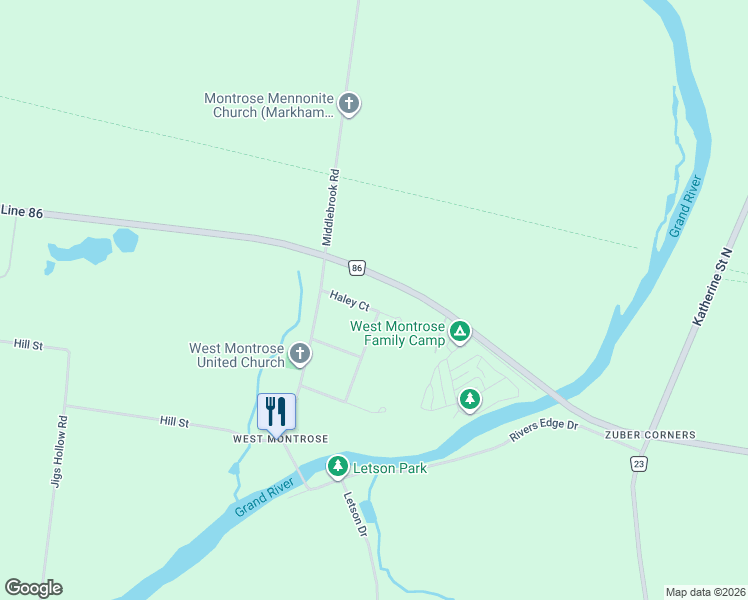 map of restaurants, bars, coffee shops, grocery stores, and more near 32 Haley Court in West Montrose