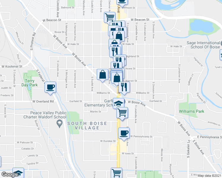 map of restaurants, bars, coffee shops, grocery stores, and more near 1080 West Boise Avenue in Boise