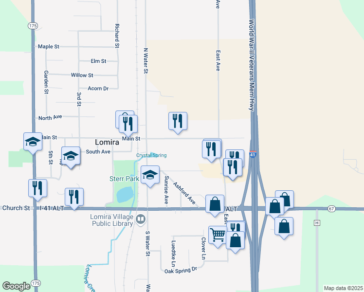 map of restaurants, bars, coffee shops, grocery stores, and more near 445 Main Street in Lomira