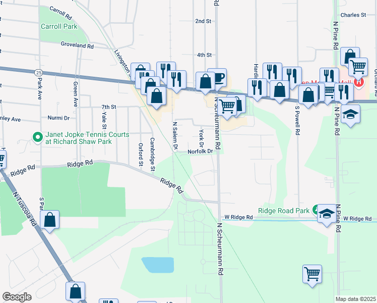 map of restaurants, bars, coffee shops, grocery stores, and more near 1854 Norfolk Drive in Essexville