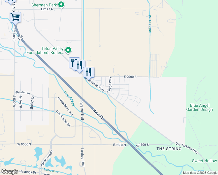 map of restaurants, bars, coffee shops, grocery stores, and more near 9100 Village Way in Victor