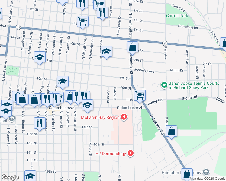 map of restaurants, bars, coffee shops, grocery stores, and more near 2000 10th Street in Bay City