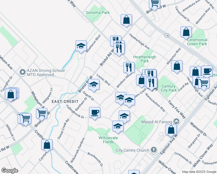 map of restaurants, bars, coffee shops, grocery stores, and more near in Mississauga