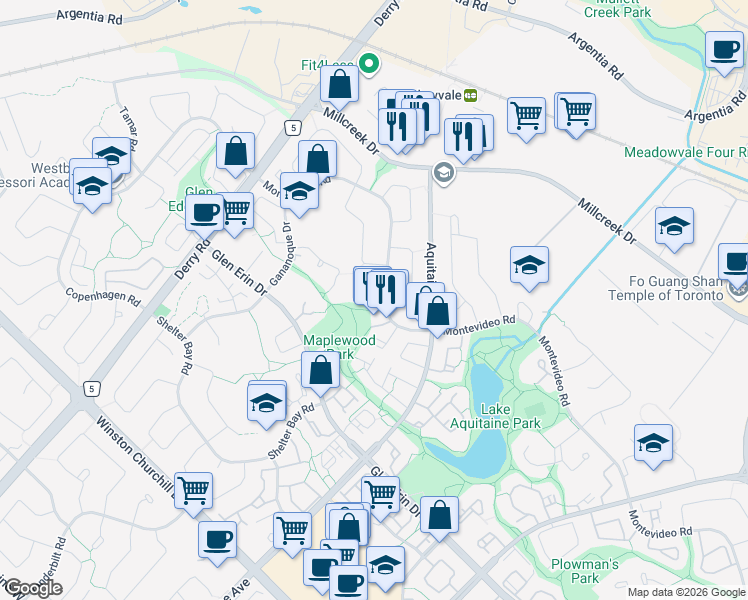 map of restaurants, bars, coffee shops, grocery stores, and more near in Mississauga