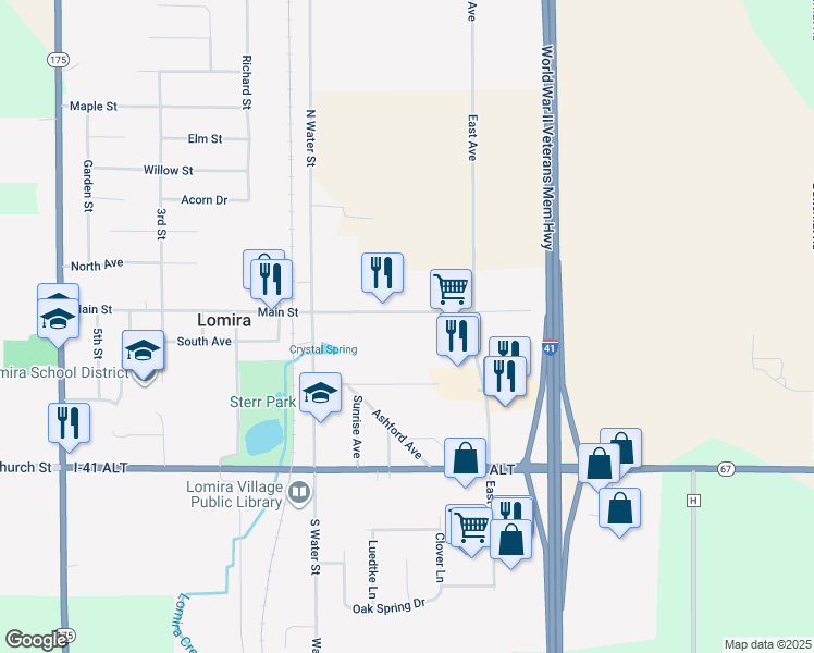 map of restaurants, bars, coffee shops, grocery stores, and more near 435 Main Street in Lomira