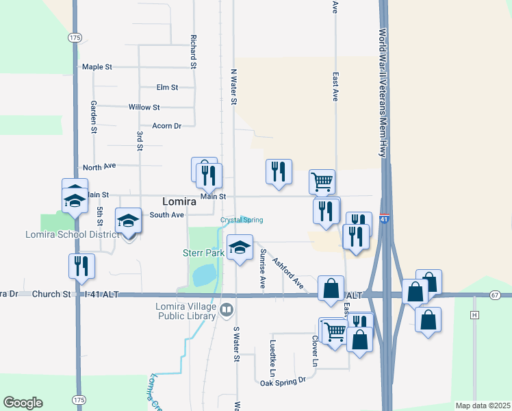 map of restaurants, bars, coffee shops, grocery stores, and more near 475 Main Street in Lomira