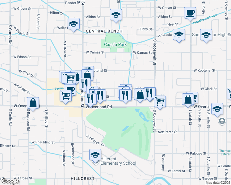 map of restaurants, bars, coffee shops, grocery stores, and more near 1401 South Newell Street in Boise