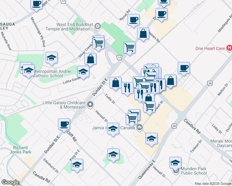 map of restaurants, bars, coffee shops, grocery stores, and more near 560 Hensall Circle in Mississauga