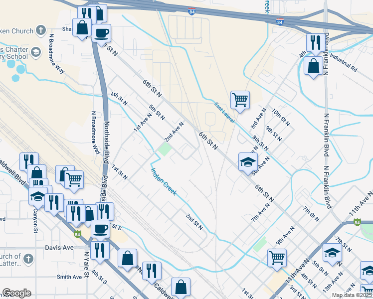 map of restaurants, bars, coffee shops, grocery stores, and more near 155 4th Street North in Nampa