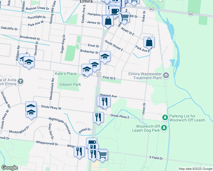 map of restaurants, bars, coffee shops, grocery stores, and more near 3 Industrial Drive in Elmira