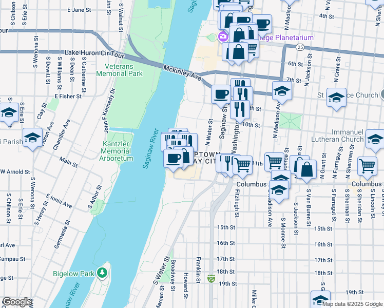 map of restaurants, bars, coffee shops, grocery stores, and more near 21 East Main Street in Bay City