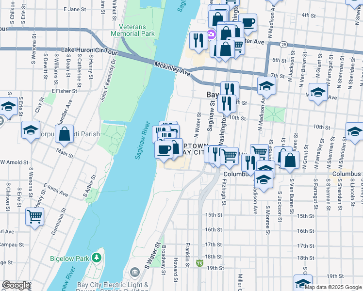 map of restaurants, bars, coffee shops, grocery stores, and more near 21 East Main Street in Bay City