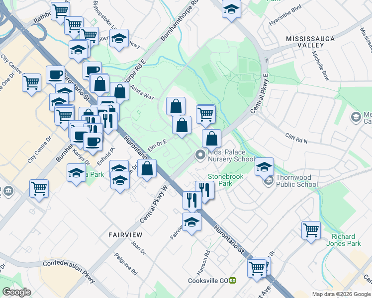 map of restaurants, bars, coffee shops, grocery stores, and more near 1580 Mississauga Valley Boulevard in Mississauga