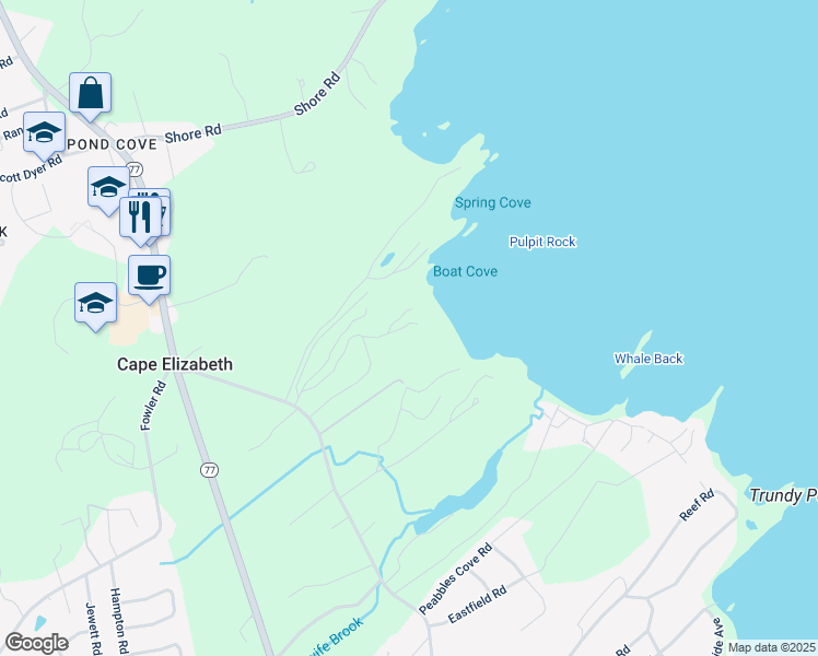 map of restaurants, bars, coffee shops, grocery stores, and more near 413 Pulpit Rock Road in Cape Elizabeth