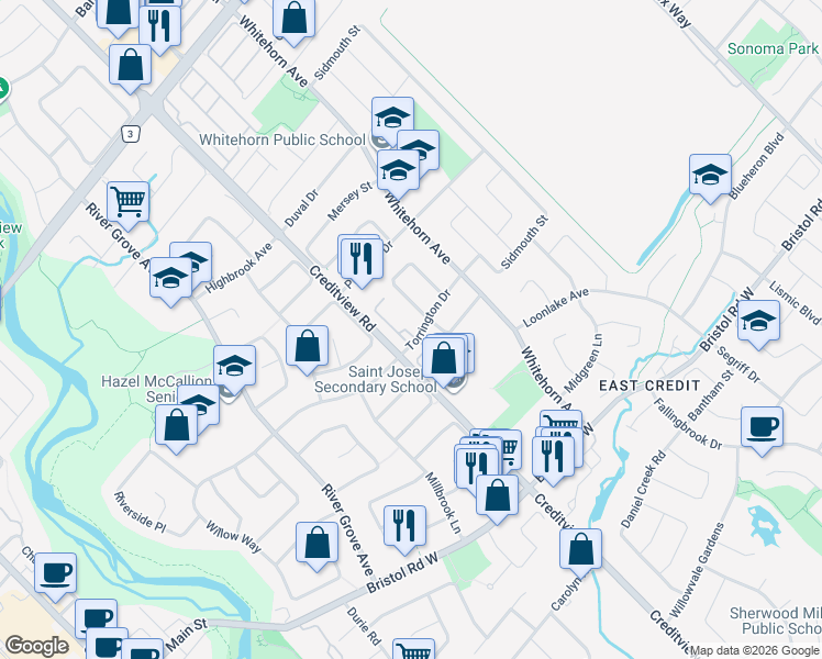 map of restaurants, bars, coffee shops, grocery stores, and more near 1485 Torrington Drive in Mississauga