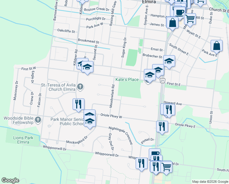 map of restaurants, bars, coffee shops, grocery stores, and more near in Elmira