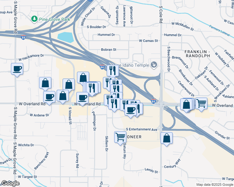 map of restaurants, bars, coffee shops, grocery stores, and more near 1460 South Entertainment Avenue in Boise