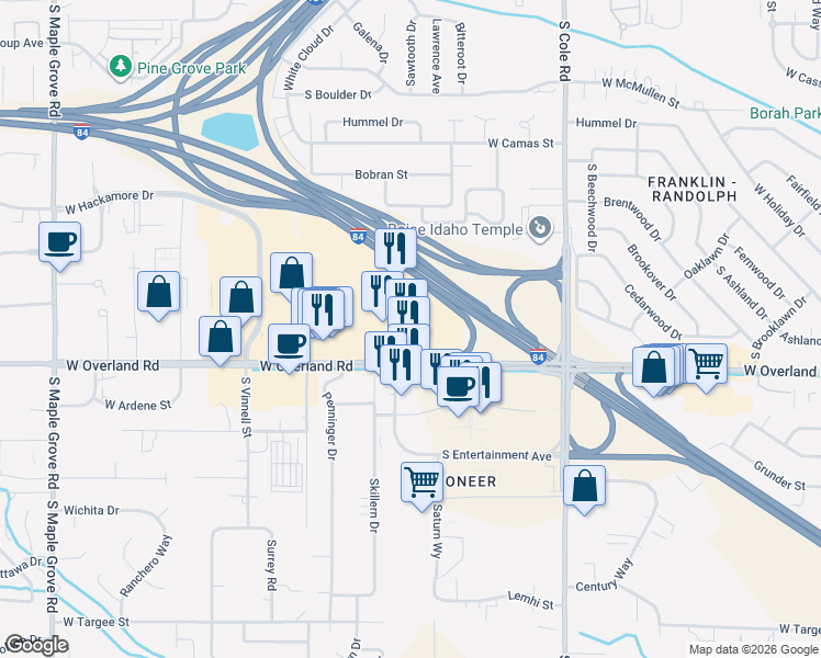 map of restaurants, bars, coffee shops, grocery stores, and more near 1460 South Entertainment Avenue in Boise