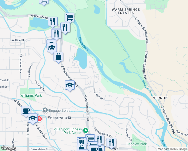 map of restaurants, bars, coffee shops, grocery stores, and more near 1668 South Riverstone Lane in Boise