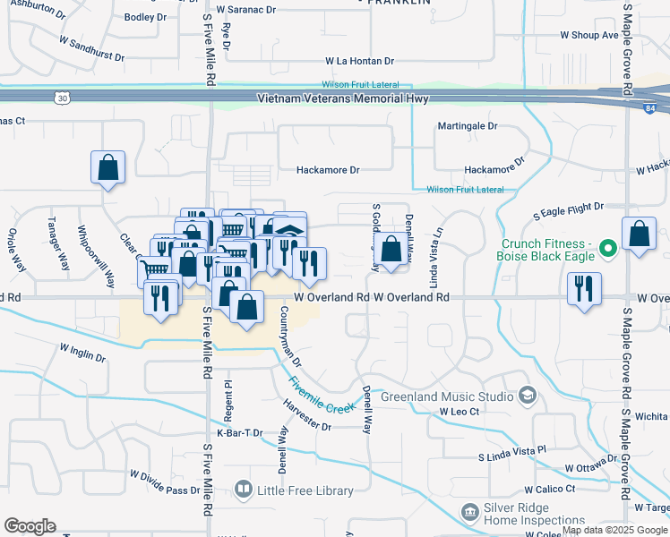 map of restaurants, bars, coffee shops, grocery stores, and more near 1423 South Goldking Way in Boise