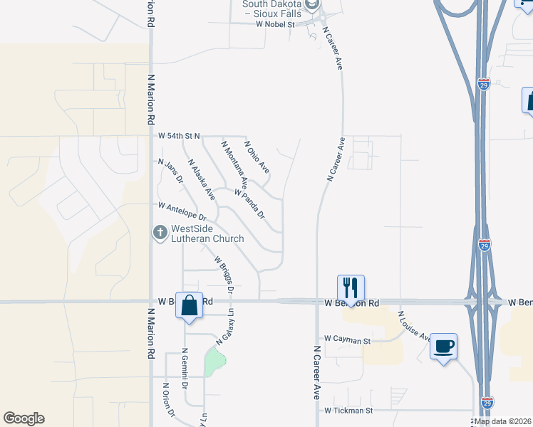 map of restaurants, bars, coffee shops, grocery stores, and more near 4404 West Panda Drive in Sioux Falls