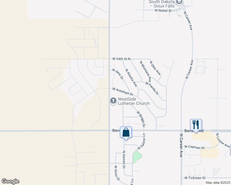 map of restaurants, bars, coffee shops, grocery stores, and more near 4733 West Antelope Drive in Sioux Falls