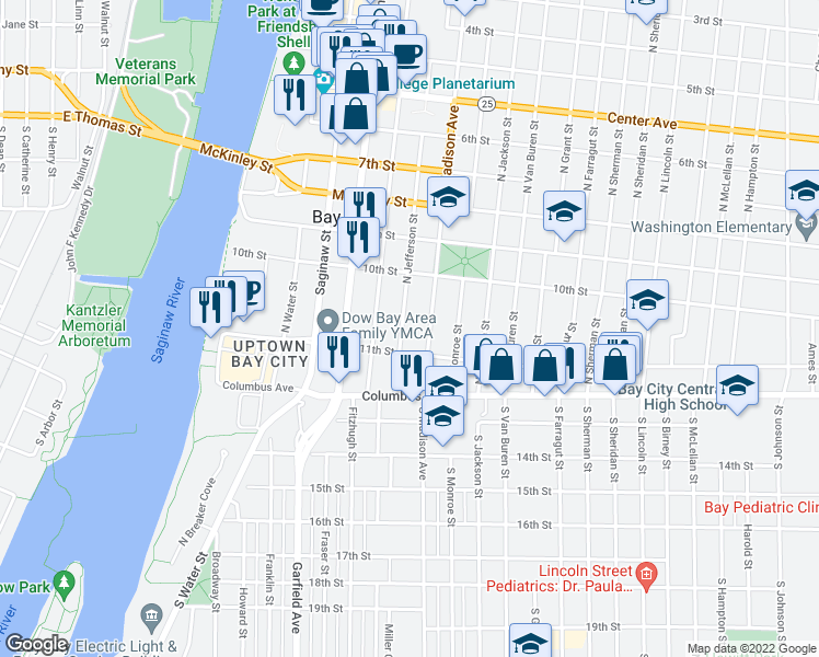 map of restaurants, bars, coffee shops, grocery stores, and more near 218 North Jefferson Street in Bay City