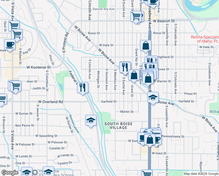 map of restaurants, bars, coffee shops, grocery stores, and more near 1713 South Manitou Avenue in Boise